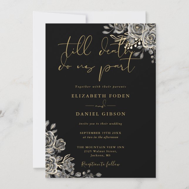Invitation Tout En Un Mariage Floral Gothique Noir Et Or (Devant)