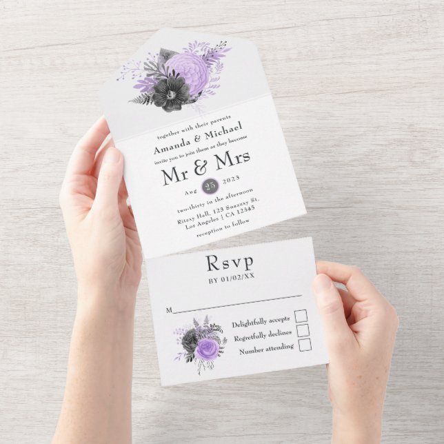 Invitation Tout En Un Mariage floral Lilac et Charcoal (Déchirure)