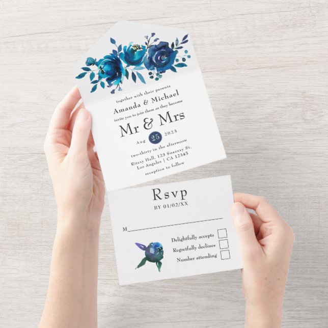 Invitation Tout En Un Mariage floral marine et blanc (Déchirure)
