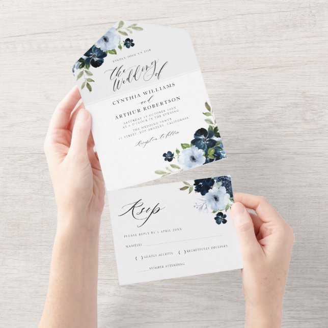 Invitation Tout En Un Mariage floral marine et bleu poussiéreux (Déchirure)