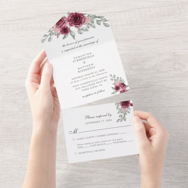 Invitation Tout En Un Mariage floral moderne Eucalyptus Bourgogne (Déchirure)