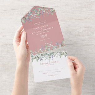 Invitation Tout En Un Mariage Floral Monogram Rose Poussiéreuse, Sauge e