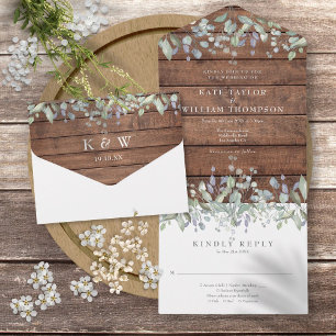 Invitation Tout En Un Mariage Floral Monogramme Rustique Bois Sauge Et L