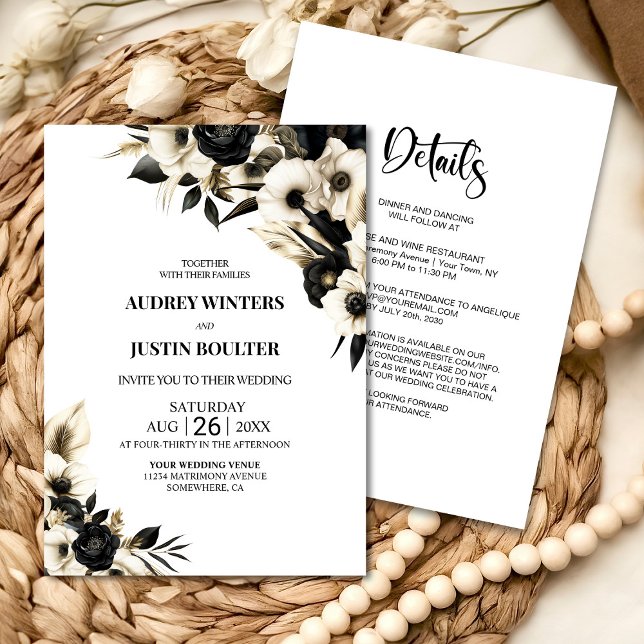 Invitation Tout en un Mariage Floral noir et blanc (Créateur téléchargé)