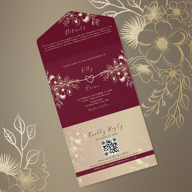 Invitation Tout En Un Mariage Floral Or Bourgogne (Créateur téléchargé)