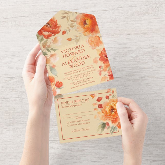 Invitation Tout En Un Mariage Floral Orange Brûlé (Déchirure)