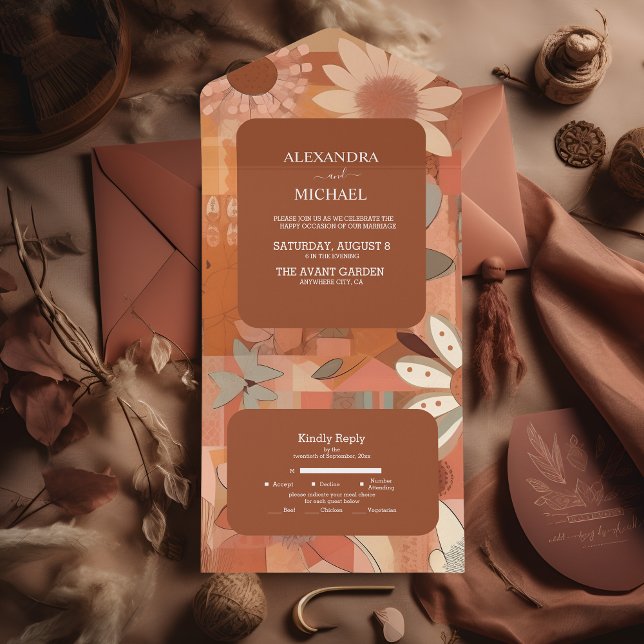Invitation Tout En Un Mariage floral orange Super rétro (Créateur téléchargé)
