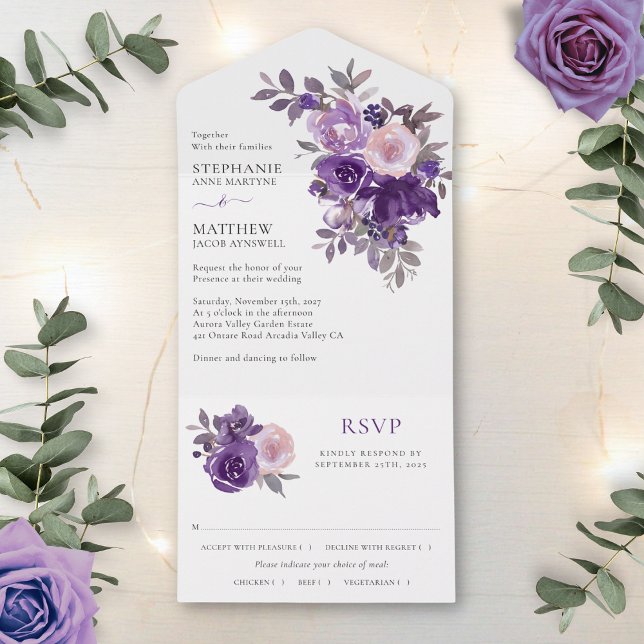 Invitation Tout En Un Mariage floral pourpre et poussiéreux (Créateur téléchargé)