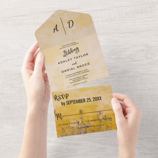 Invitation Tout En Un Mariage floral poussiéreux jaune rustique chic de  (Déchirure)