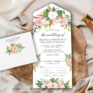 Invitation Tout En Un Mariage floral rose blanc Magnolia Coton