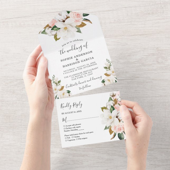 Invitation Tout En Un Mariage floral rose et blanc Magnolia (Déchirure)