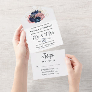 Invitation Tout En Un Mariage floral rose, marine et or