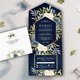 Invitation Tout En Un Mariage Floral Rose Pâle et Bleu Nuit Poussiéreux