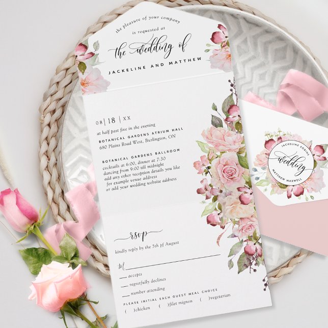 Invitation Tout En Un Mariage floral rose, roux, bourgogne Éteins RSVP (Créateur téléchargé)