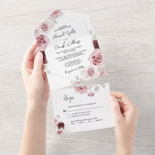 Invitation Tout En Un Mariage floral rose roux de Bourgogne avec RSVP