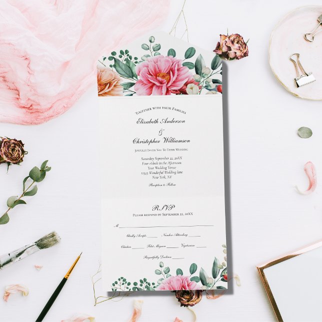 Invitation Tout En Un Mariage Floral rose Tout en un (Créateur téléchargé)