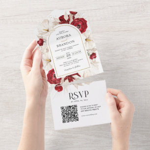 Invitation Tout En Un Mariage floral rouge rubis et blanc