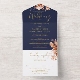 Invitation Tout En Un Mariage Floral Rustique Bleu Marine Et Détails Dor