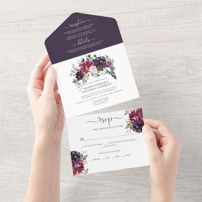 Invitation Tout En Un Mariage Floral Rustique Bohème prune rose rouge vi (Déchirure)