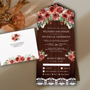 Invitation Tout En Un Mariage Floral Rustique Bois Campagne Lace Marsala