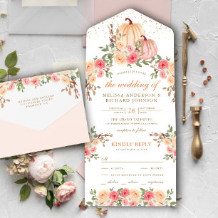 Invitation Tout En Un Mariage Floral Rustique Rose et Pêche aux Citrouil