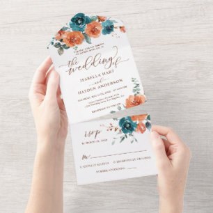 Invitation Tout En Un Mariage Floral Turquoise Brûlé Tout en un RSVP