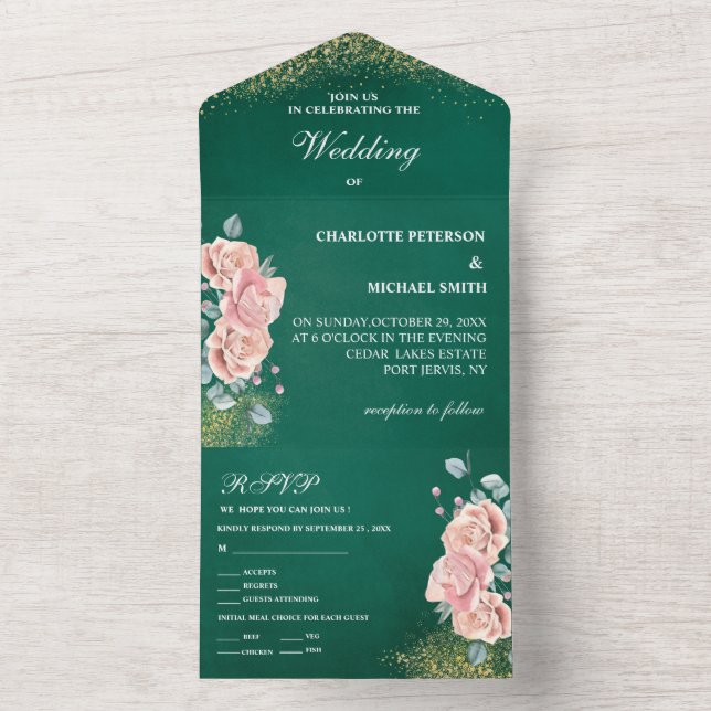 Invitation Tout En Un Mariage Floral Vert Émeraude Et Rose Brut (À l'intérieur)