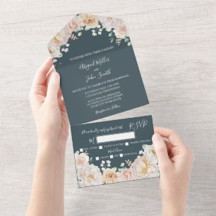 Invitation Tout En Un Mariage Floral Vintage Bleu Nuit