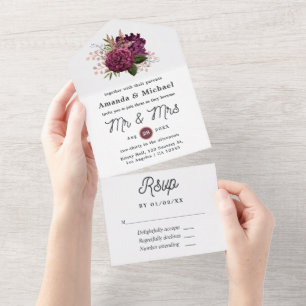 Invitation Tout En Un Mariage Floral Vintage Marsala et Or Rose