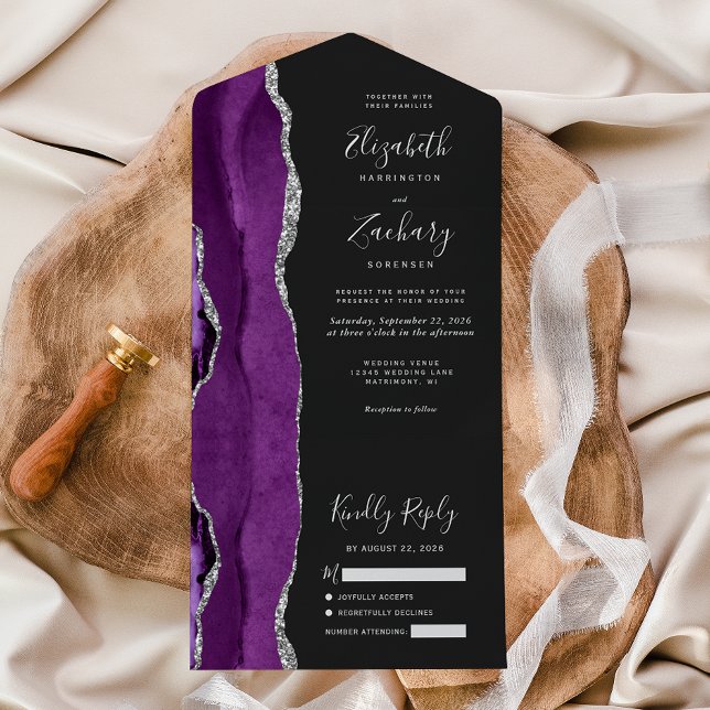 Invitation Tout En Un Mariage foncé moderne violet argenté (Créateur téléchargé)