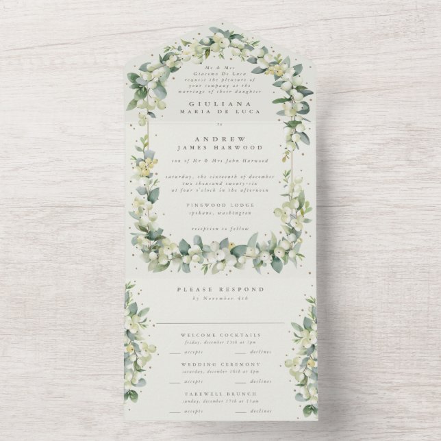 Invitation Tout En Un Mariage Formel Black/Crème Snowberry+Eucalyptus (À l'intérieur)