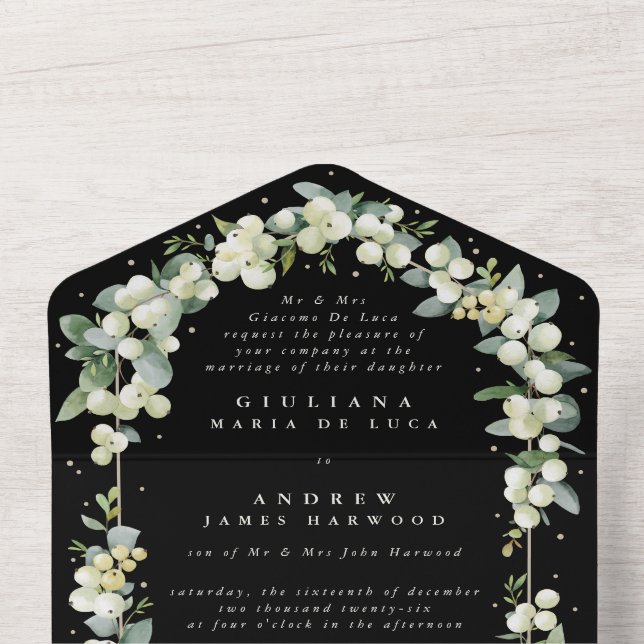 Invitation Tout En Un Mariage Formel Black Snowberry+Eucalyptus (À l'intérieur du haut)
