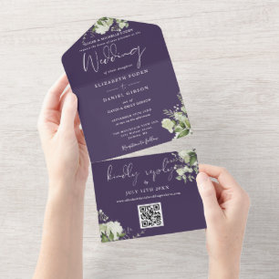 Invitation Tout En Un Mariage Formel Code QR Floral Violet