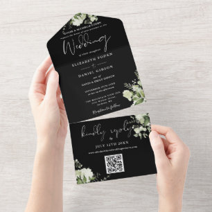 Invitation Tout En Un Mariage Formel Floral Noir Et Blanc Code QR