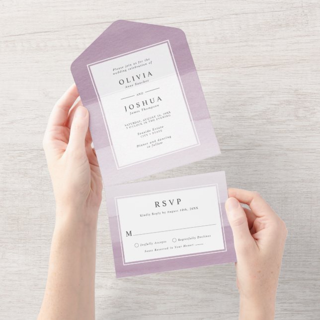Invitation Tout En Un Mariage frontalier moderne Aquarelle Plum Ombre (Déchirure)