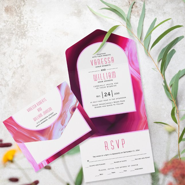 Invitation Tout En Un Mariage Fuchsia rose agate et cadre (Créateur téléchargé)