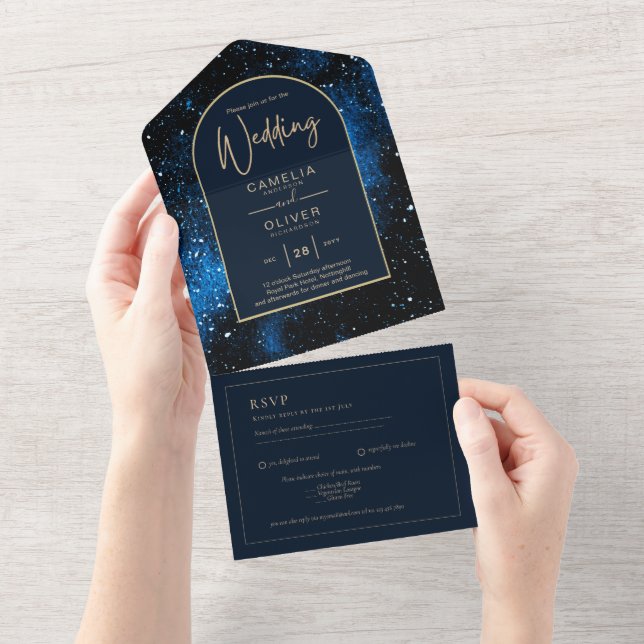 Invitation Tout En Un Mariage Galaxie Nuit Étoilée Bleu Nuit Or (Déchirure)