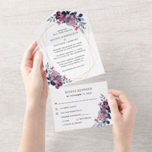 Invitation Tout En Un Mariage géométrique à fleurs violettes