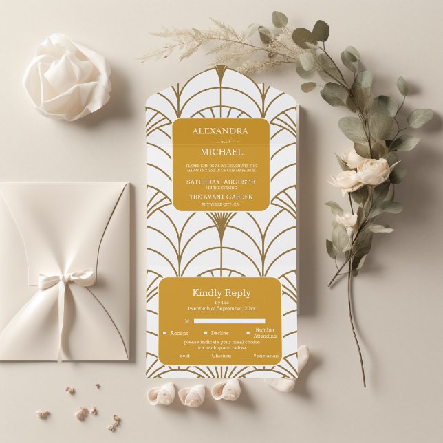 Invitation Tout En Un Mariage Géométrique Art Déco Gold White Gatsby (Créateur téléchargé)