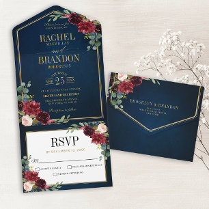 Invitation Tout En Un Mariage géométrique bleu bleu marine Bourgogne or