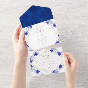 Invitation Tout En Un Mariage géométrique bleu bleu violet or