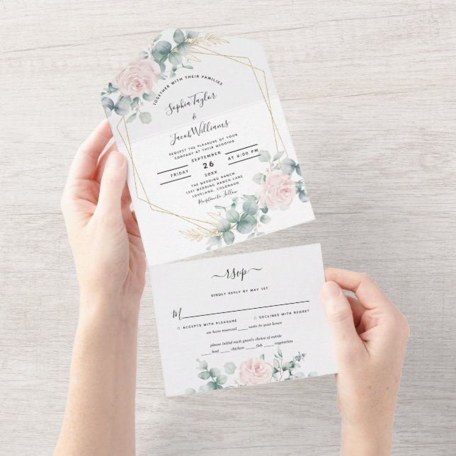 Invitation Tout En Un Mariage géométrique de l'Eucalyptus rose pâle (Déchirure)