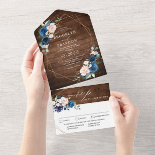 Invitation Tout En Un Mariage géométrique en bois rustique bleu marine