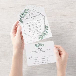Invitation Tout En Un Mariage géométrique Eucalyptus à huile d'argent