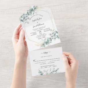 Invitation Tout En Un Mariage géométrique Feuille d'or Eucalyptus vert
