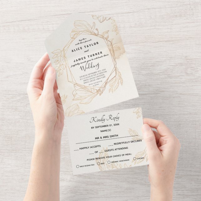 Invitation Tout En Un Mariage Géométrique Floral Doré (Déchirure)