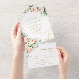 Invitation Tout En Un mariage géométrique floral rose et or