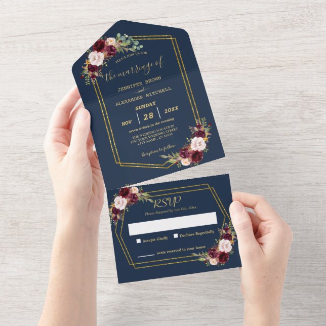 Invitation Tout En Un Mariage géométrique floral rustique (pas de VV néc (Déchirure)