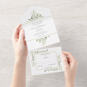 Invitation Tout En Un Mariage géométrique Monogram Greenery Gold
