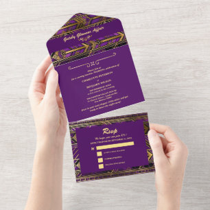 Invitation Tout En Un Mariage Glamour Violet & Or Gatsby Art Déco 1920